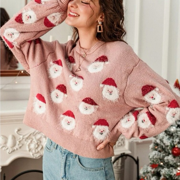 Posh Chronicles Sweaters - Drop Shoulder Santa Clause Ugly Christmas Sweater Pattern Sweater
